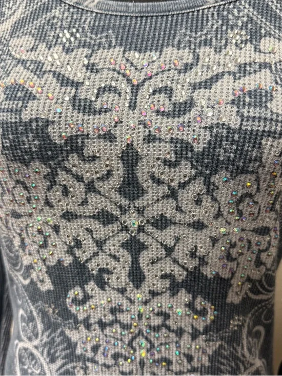 Daytrip Blue Thermal Top Lace Back Rhinestone Long Sleeve Boho Medium - Picture 3 of 9